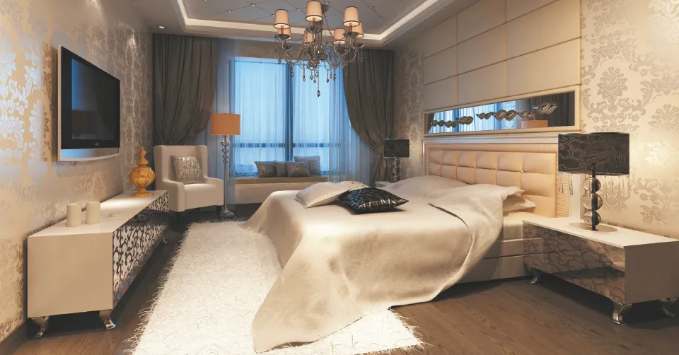 Elegant living room with blue ottoman